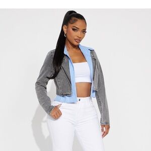 Fashion Nova Gray Cropped Denim Jacket with Light Blue Shirt-Layer